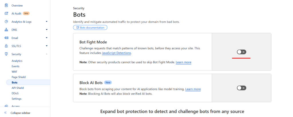 turning on bot fight mode
